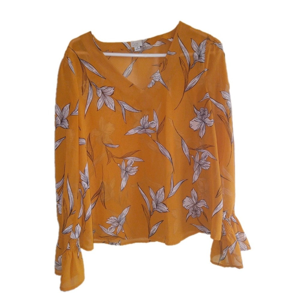 A New Day Women's Blouse Size M Mustard Yellow Orange Sheer Long Sleeve V-Neck
